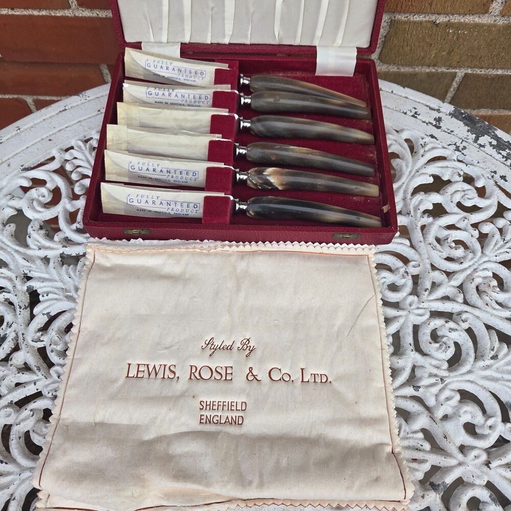 Vintage Lewis Rose & Co Sheffield Steak Knives Buffalo Horn NOS Set of 6 Boxed